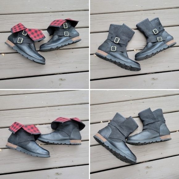 Sorel Major Moto Black Leather Red Buffalo Check Plaid Foldover Buckle Boots 8 - Picture 3 of 7